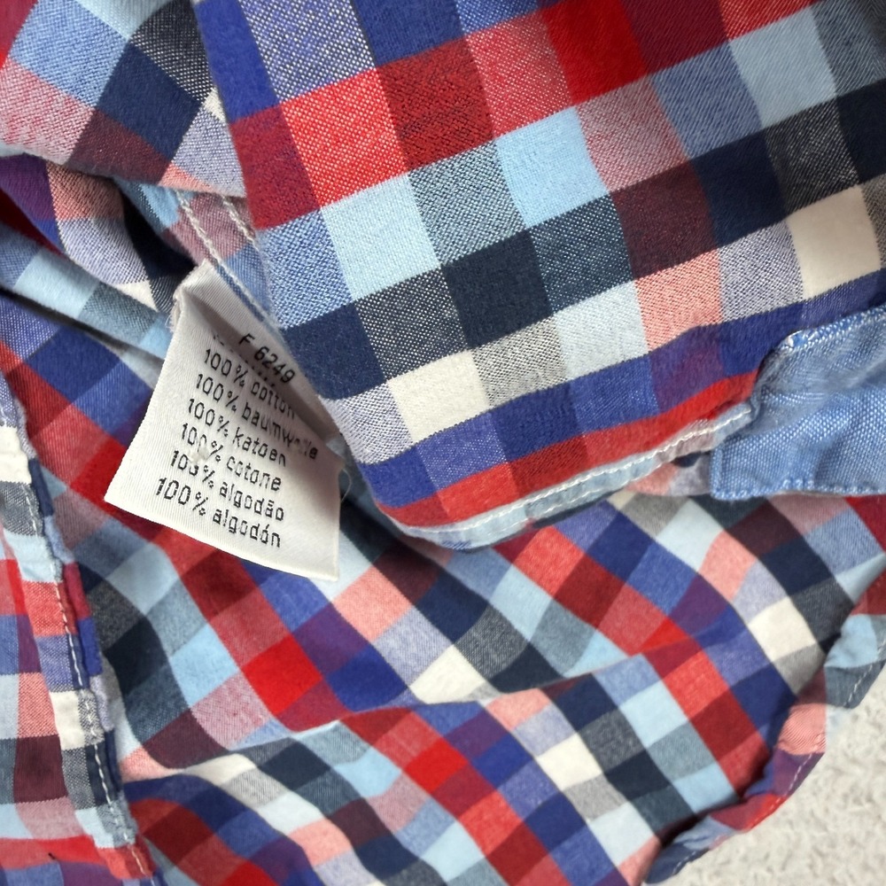 Lacoste Boys Button Up Red Blue Plaid Size 14 Premium Dress Shirt Long Sleeve - Picture 5 of 7
